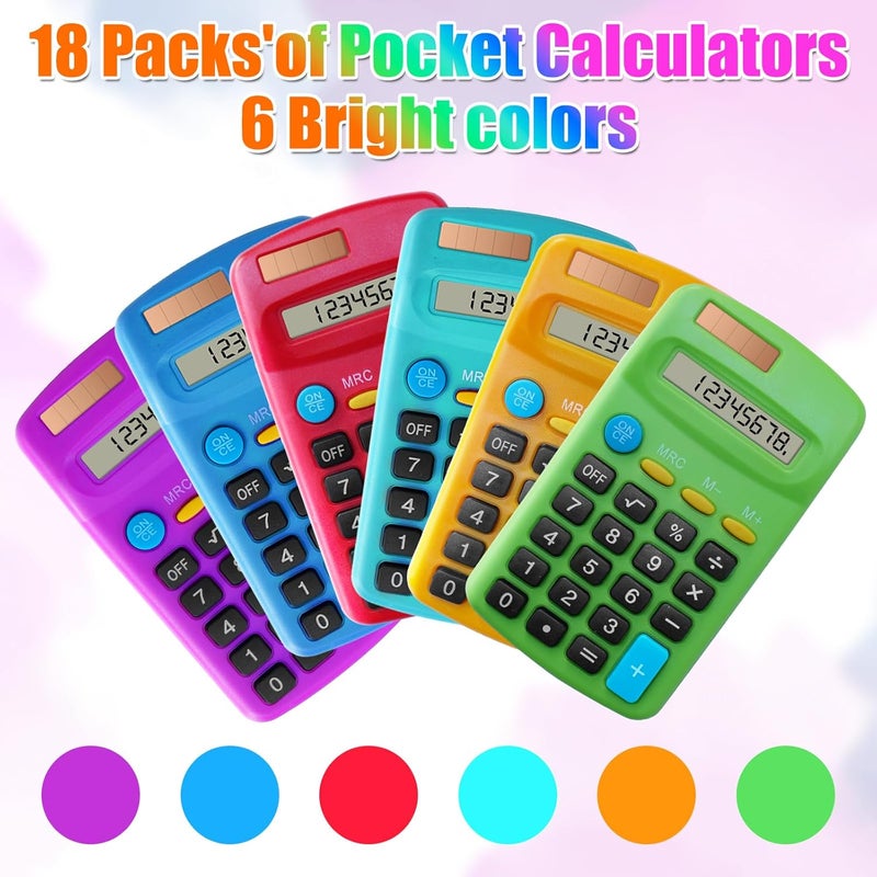 DUFCUSPH 18 Pack Basic Calculators for Students, Pocket Calculator Bulk Classroom Mini Calculators Solar and Battery Dual Powered Handheld Calculator 8 Digit Display for Office School and Home (Colorful) - Image 2